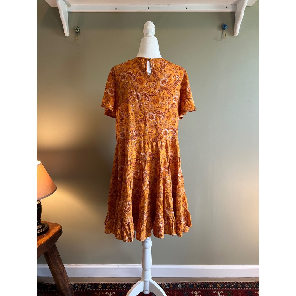 Patrons of Peace Marigold Paisley Floral Tiered Mini Dress Orange Boho Medium - Picture 5 of 5